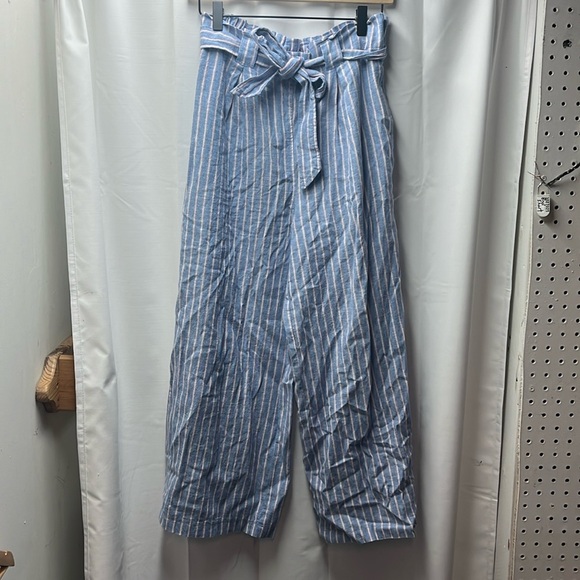 Max Studio Blue Red Pin Stripe Linen Paper-bag Pants- M - Picture 1 of 7